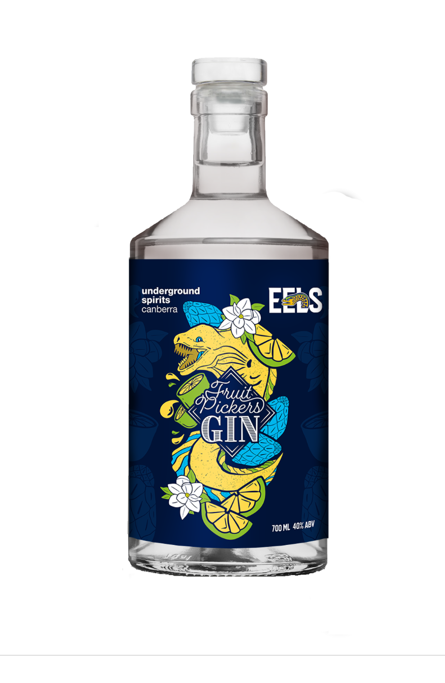 Image of a vibrant blue and yellow bottle, reflecting the Eels team colors, containing premium gin. The design features an artistic depiction of an eel intertwined with various fruits such as figs and limes, symbolizing the rich history and flavors of Parramatta. This unique bottle captures the essence of the Eels' journey and the spirit of the local community, making it a standout addition to any celebration or collection.