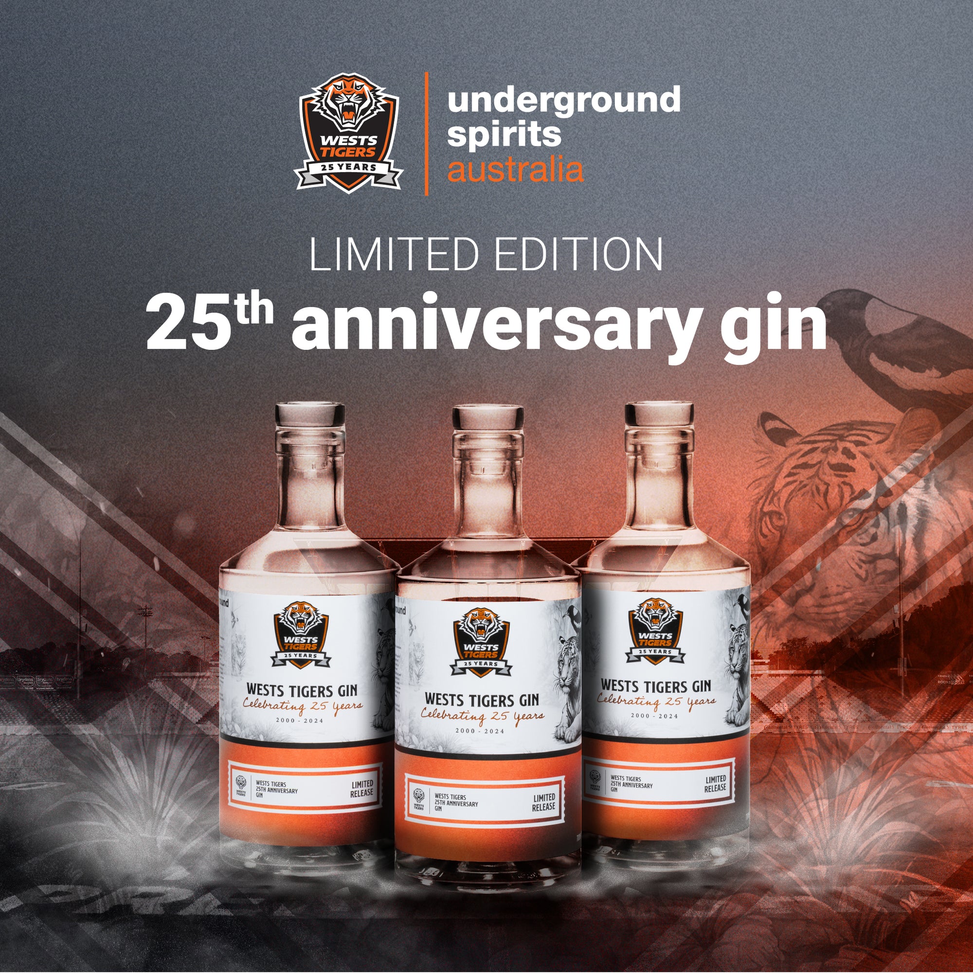 Image of three sleek bottles with black and orange colouring, representing the Wests Tigers' team colours. The bottle contains clear gin and is adorned with a detailed drawing of a tiger with a magpie perched on its head, symbolising the team's emblem and heritage. This unique artwork celebrates the 25th anniversary of the Wests Tigers in the NRL, making the bottle a special collector's item and a tribute to the team's enduring spirit and triumphs