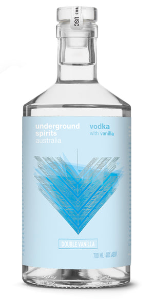 Image of a clear vodka bottle featuring a shiny blue label that elegantly catches the light. The label highlights the product's double vanilla infusion and its unique cryofiltration. This design not only signifies the vodka's premium quality making it a visually appealing and tempting choice for vodka enthusiasts.