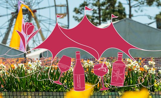 a spring garden at Floriade 2025 featuring Underground Spirits and Contentious Character. wine and gin bottles,and tulips are overlaid on a vibrant flower field 