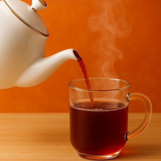 Hot gin cocktail being poured from a white porcelain teapot into a clear glass mug, with visible steam rising, set on a wooden surface against a dark plum background — a cozy and elegant winter drink.