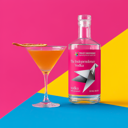 Bottle of Independence Cocktail on a bold background, next to the bright Independence Cocktail