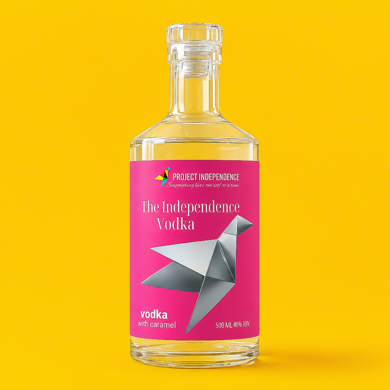 Bottle of Caramel Vodka with vibrant pink label supporting Project Independence