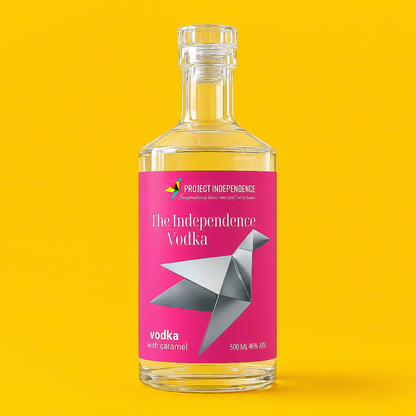 Bottle of Caramel Vodka with vibrant pink label supporting Project Independence