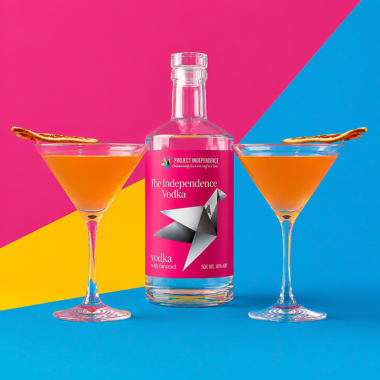 The Independence Cocktail and Mocktail enjoyed with a bottle of the Independence Vodka. Smooth Caramel Vodka on a bright background