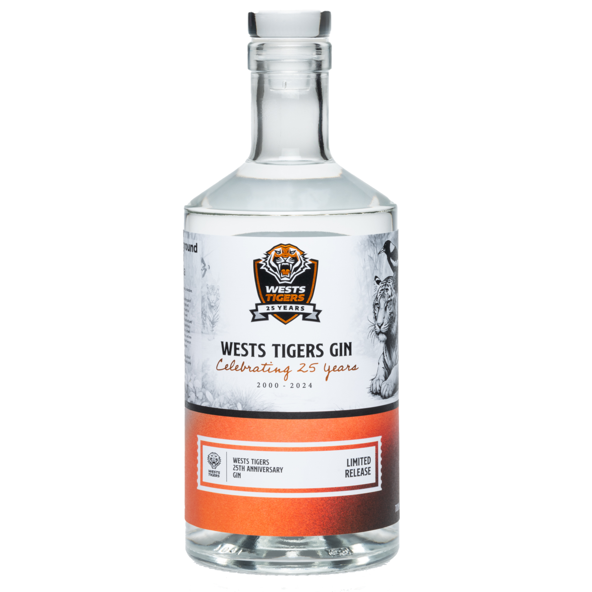Image of a sleek bottle with black and orange coloring, representing the Wests Tigers' team colors. The bottle contains clear gin and is adorned with a detailed drawing of a tiger with a magpie perched on its head, symbolizing the team's emblem and heritage. This unique artwork celebrates the 25th anniversary of the Wests Tigers in the NRL, making the bottle a special collector's item and a tribute to the team's enduring spirit and triumphs.