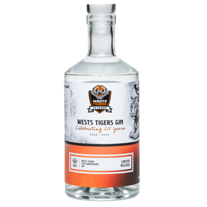 Image of a sleek bottle with black and orange coloring, representing the Wests Tigers' team colors. The bottle contains clear gin and is adorned with a detailed drawing of a tiger with a magpie perched on its head, symbolizing the team's emblem and heritage. This unique artwork celebrates the 25th anniversary of the Wests Tigers in the NRL, making the bottle a special collector's item and a tribute to the team's enduring spirit and triumphs.