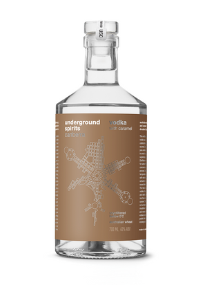 Photo of a sleek, transparent caramel vodka bottle featuring an elegant map of canberra. The bottle is filled with vodka, reflecting light to showcase its premium quality. Positioned against a soft, neutral background to emphasise the luxurious appearance.